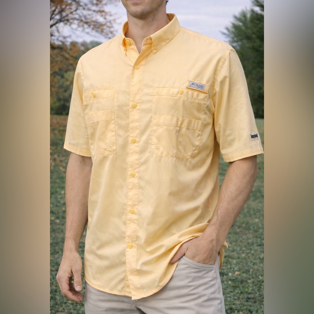 -Columbia PFG Big and Tall Beautiful Yellow Casual Button Down Shirt Men's XXL